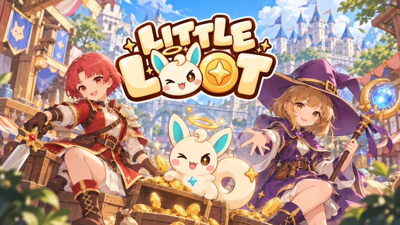 Little Loot: the Swordswoman, the Mage and Lupi on a chest full of gold coins